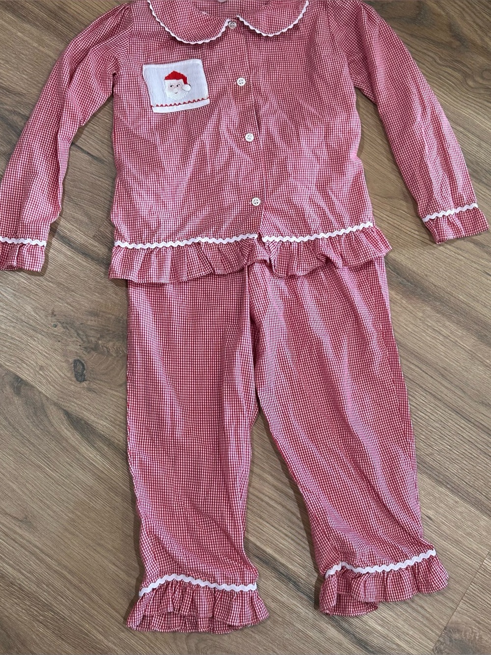Red Gingham Kids Pajama Set with Santa Pocket Size 5 | Sweet Teas